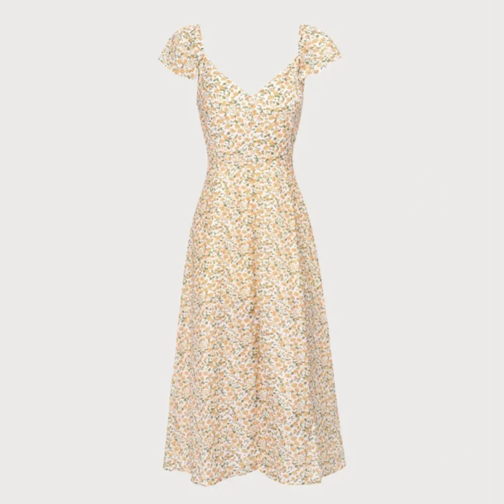NWT RIHOAS The Yellow V Neck Floral Slit Midi Dress Sz XS - Picture 5 of 6